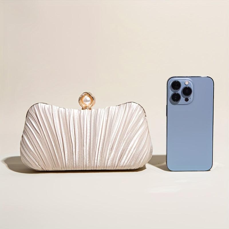 Ruched Satin Evening Bag Faux Pearl Chain Clutch Purse Women's Handbags