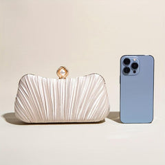 Ruched Satin Evening Bag Faux Pearl Chain Clutch Purse Women's Handbags