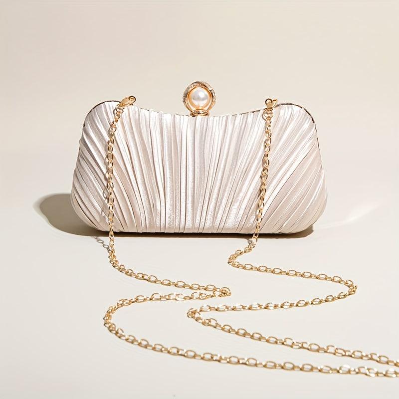 Ruched Satin Evening Bag Faux Pearl Chain Clutch Purse Women's Handbags