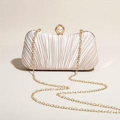 Ruched Satin Evening Bag Faux Pearl Chain Clutch Purse Women's Handbags