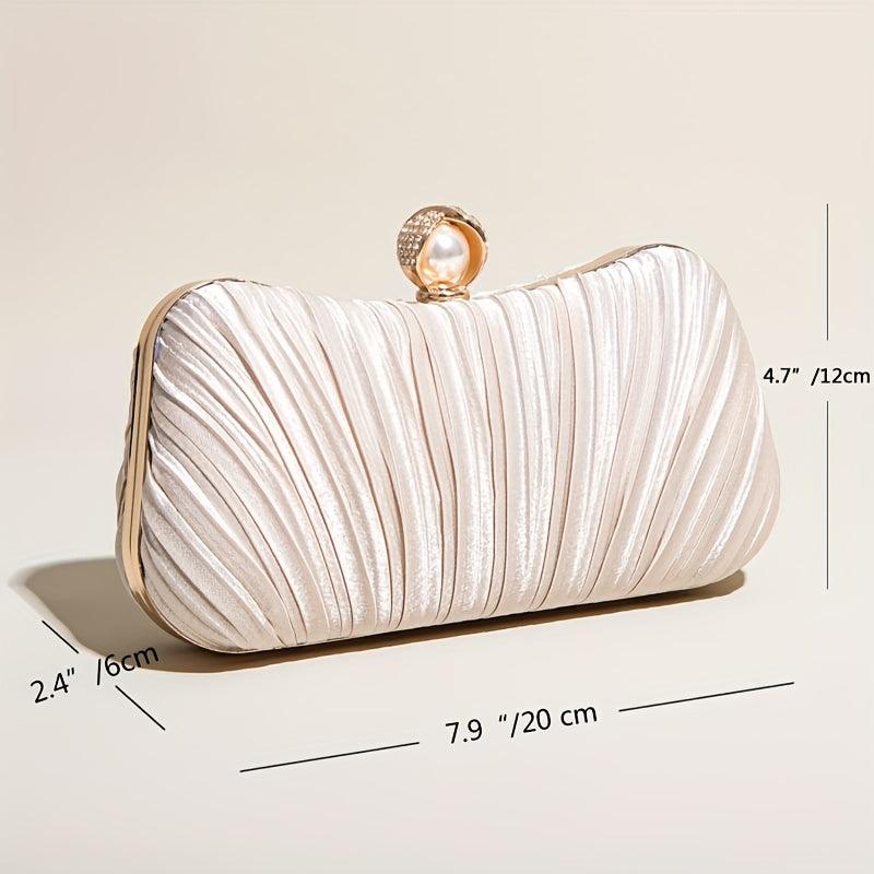 Ruched Satin Evening Bag Faux Pearl Chain Clutch Purse Women's Handbags