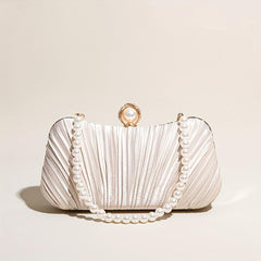 Ruched Satin Evening Bag Faux Pearl Chain Clutch Purse Women's Handbags
