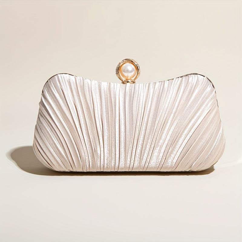 Ruched Satin Evening Bag Faux Pearl Chain Clutch Purse Women's Handbags