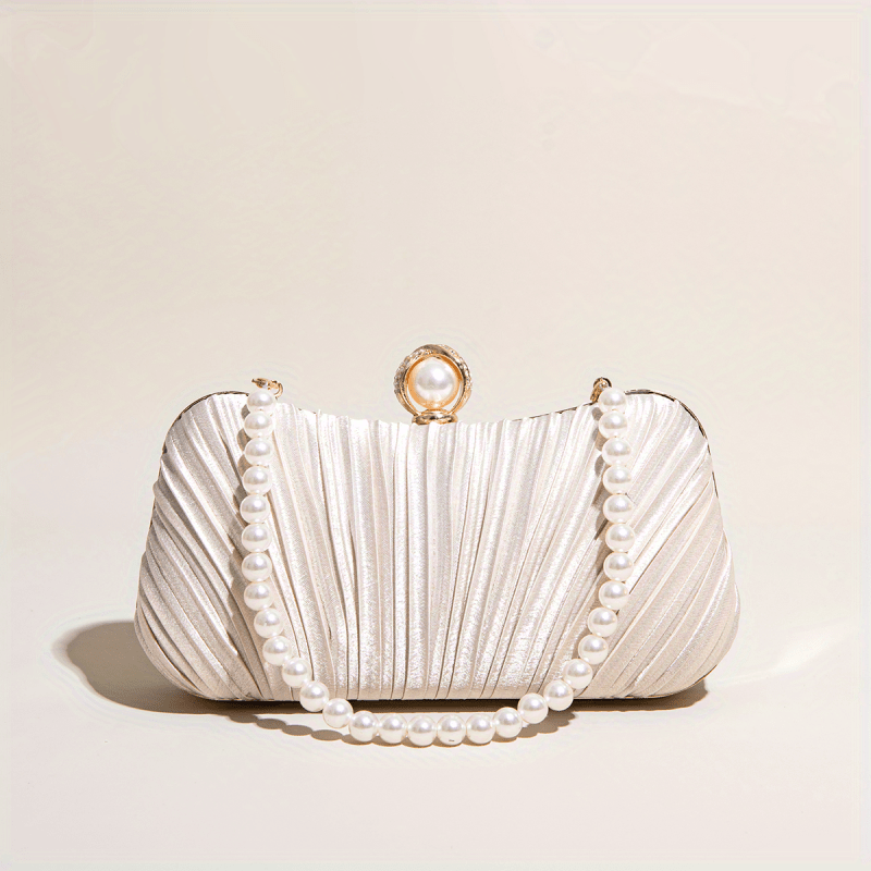 Ruched Satin Evening Bag Faux Pearl Chain Clutch Purse Women's Handbags
