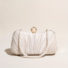 Ruched Satin Evening Bag Faux Pearl Chain Clutch Purse Women's Handbags