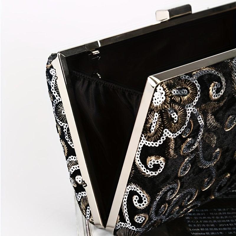Flower Sequins Evening Bag Glitter Chain Clutch Purse for Wedding Prom Party