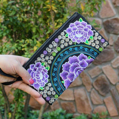 Floral Embroidery Clutch Handbag Wristlet Zipper Wallet