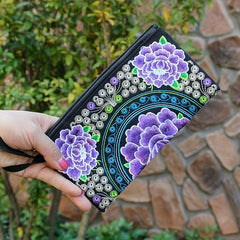 Floral Embroidery Clutch Handbag Wristlet Zipper Wallet