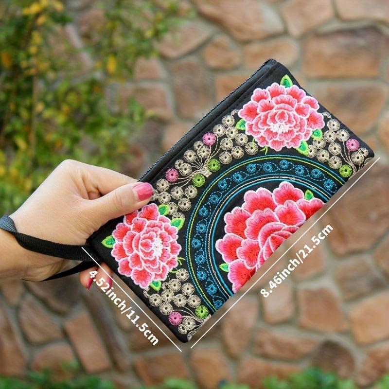 Floral Embroidery Clutch Handbag Wristlet Zipper Wallet