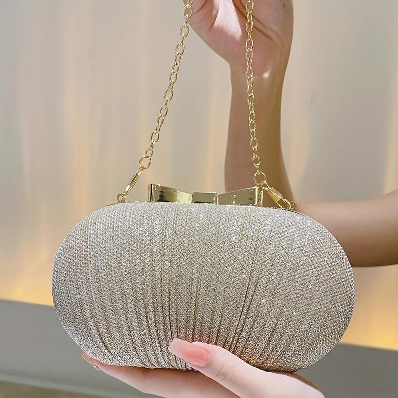 Glitter Bow Knot Clutch Bag Metal Chain Handbag