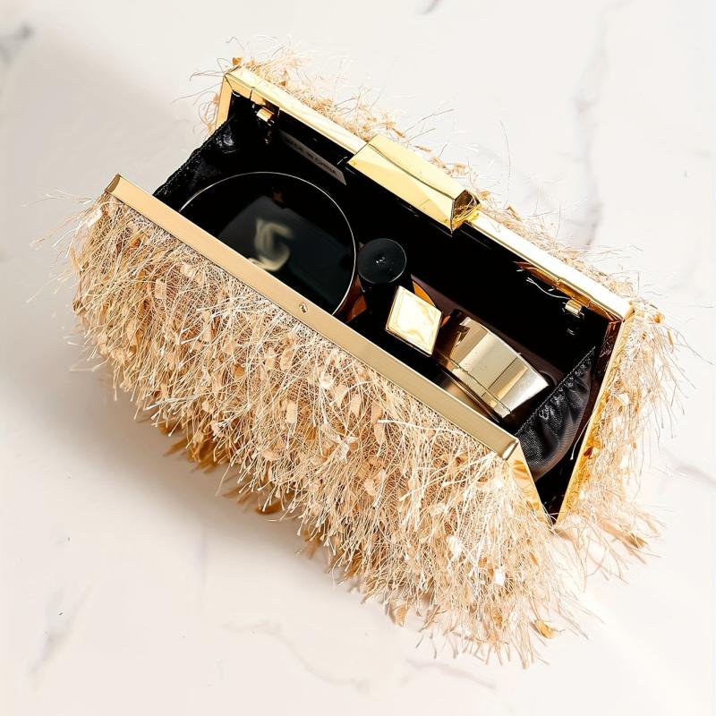 Tassel Kiss Lock Metal Chain Clutch Elegent Frame Purse