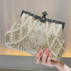 Faux Pearl & Diamond Kiss Lock Clutch Bag Floral Handle Party Bag