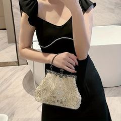 Faux Pearl & Diamond Kiss Lock Clutch Bag Floral Handle Party Bag