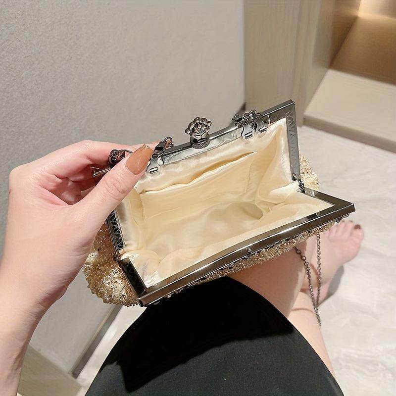 Faux Pearl & Diamond Kiss Lock Clutch Bag Floral Handle Party Bag