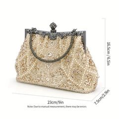 Faux Pearl & Diamond Kiss Lock Clutch Bag Floral Handle Party Bag