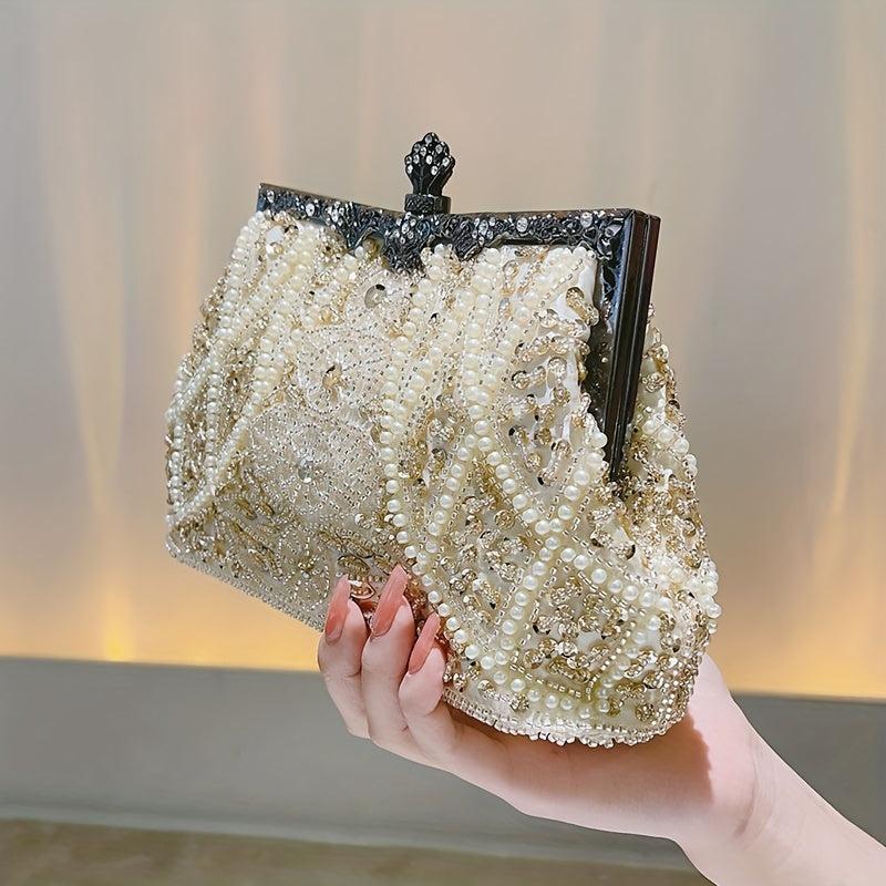 Faux Pearl & Diamond Kiss Lock Clutch Bag Floral Handle Party Bag