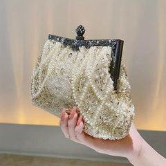 Faux Pearl & Diamond Kiss Lock Clutch Bag Floral Handle Party Bag