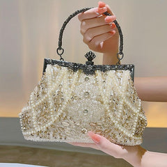 Faux Pearl & Diamond Kiss Lock Clutch Bag Floral Handle Party Bag