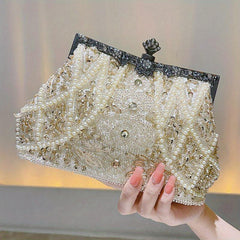 Faux Pearl & Diamond Kiss Lock Clutch Bag Floral Handle Party Bag
