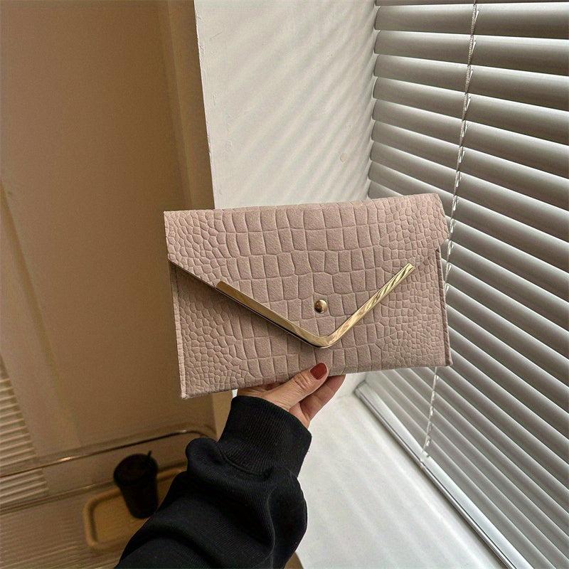 Croco Emossed Felt Envelope Clutch Metal Decor Evening Bag