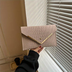 Croco Emossed Felt Envelope Clutch Metal Decor Evening Bag