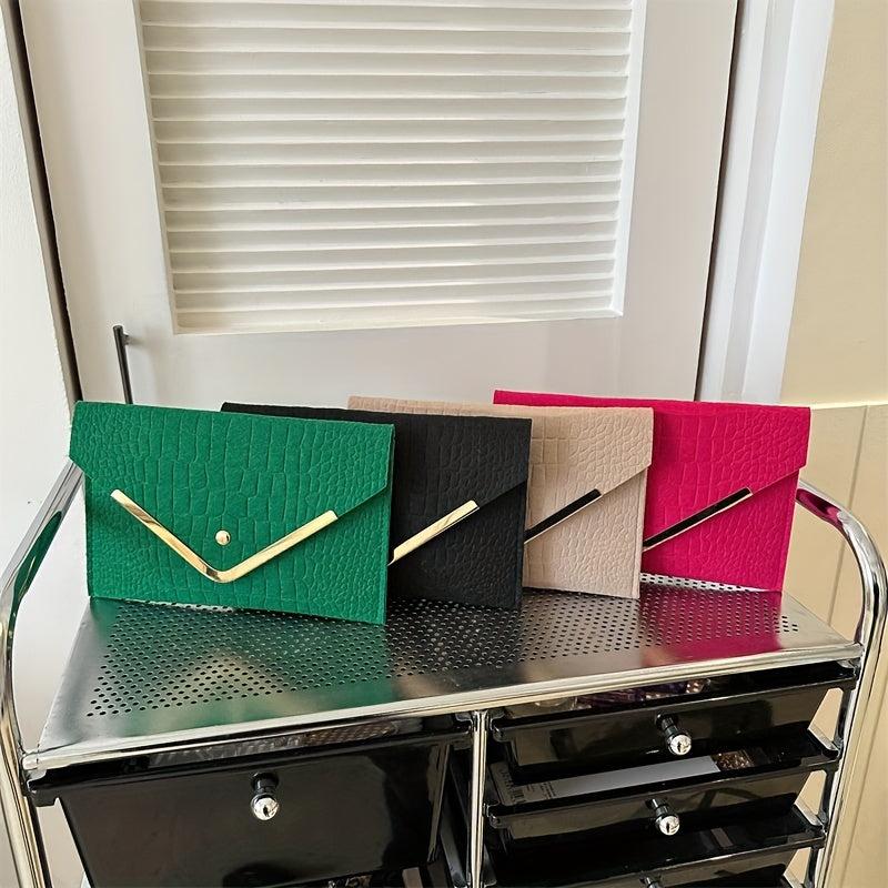 Croco Emossed Felt Envelope Clutch Metal Decor Evening Bag