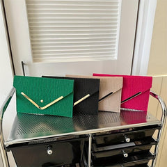 Croco Emossed Felt Envelope Clutch Metal Decor Evening Bag