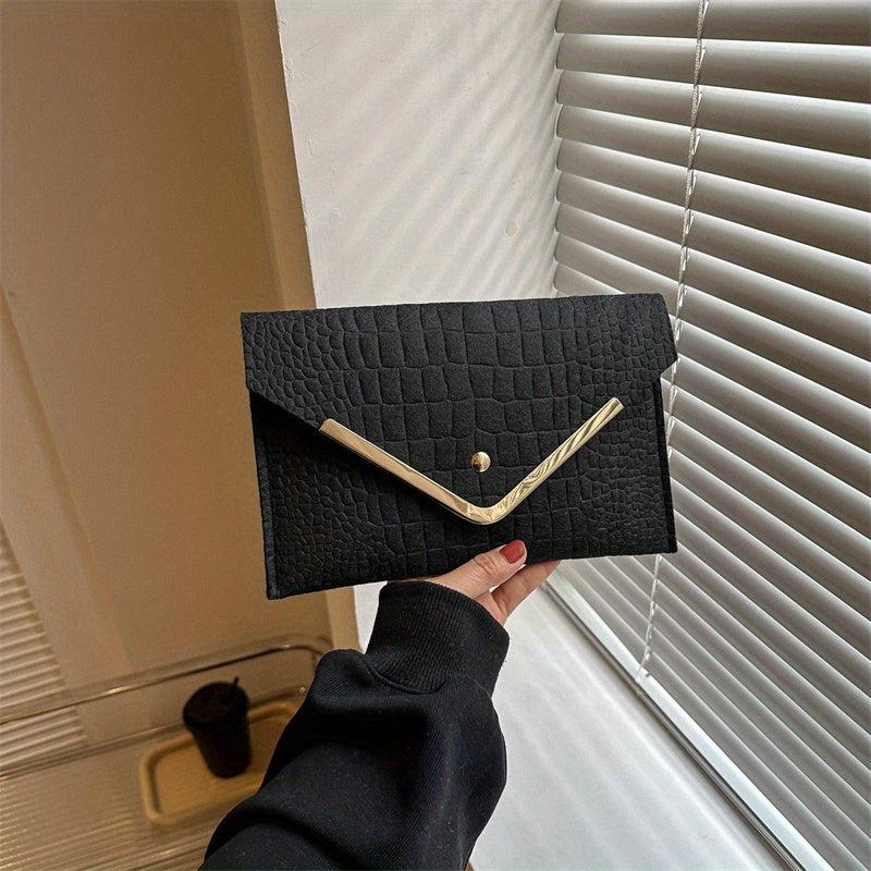 Croco Emossed Felt Envelope Clutch Metal Decor Evening Bag