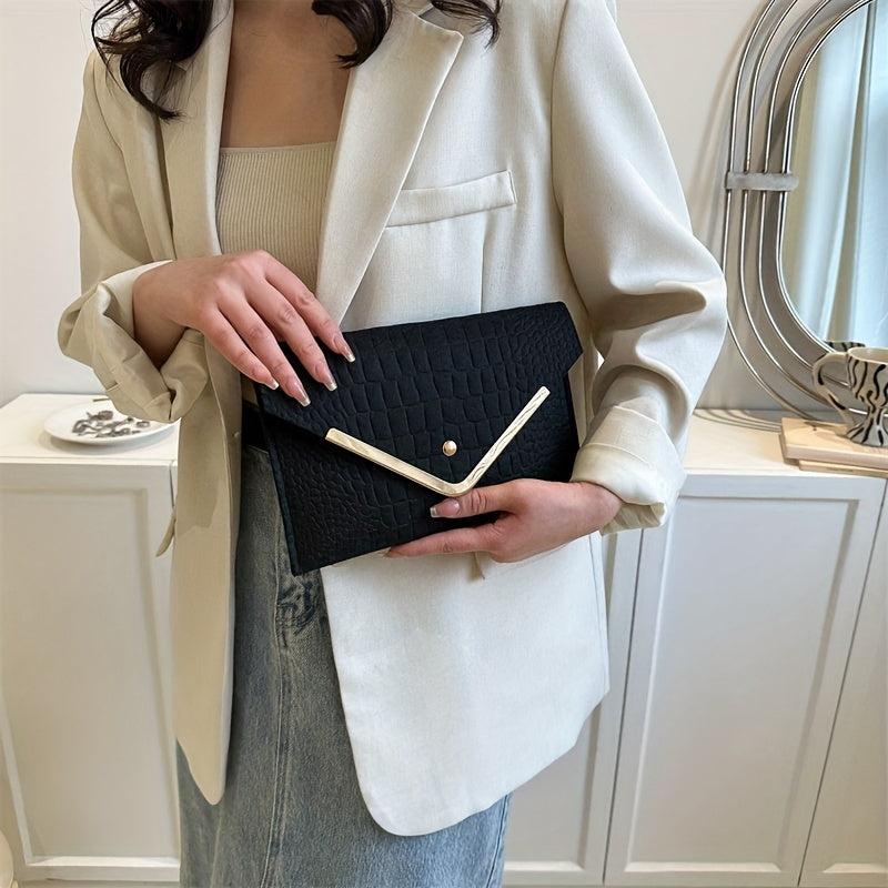 Croco Emossed Felt Envelope Clutch Metal Decor Evening Bag