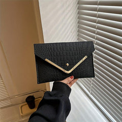 Croco Emossed Felt Envelope Clutch Metal Decor Evening Bag