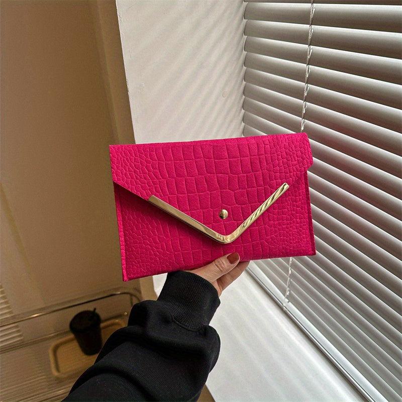 Croco Emossed Felt Envelope Clutch Metal Decor Evening Bag