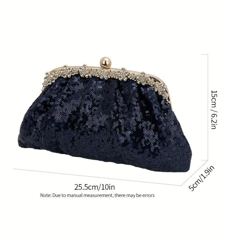 Sequins Ruched Evening Bag Rhinestone Clutch Purse Chain