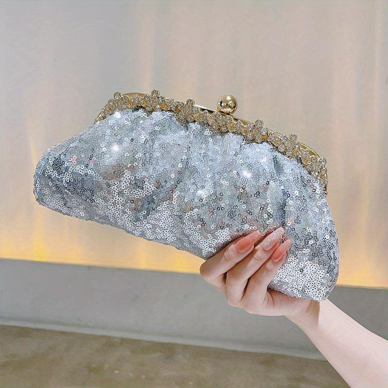 Sequins Ruched Evening Bag Rhinestone Clutch Purse Chain