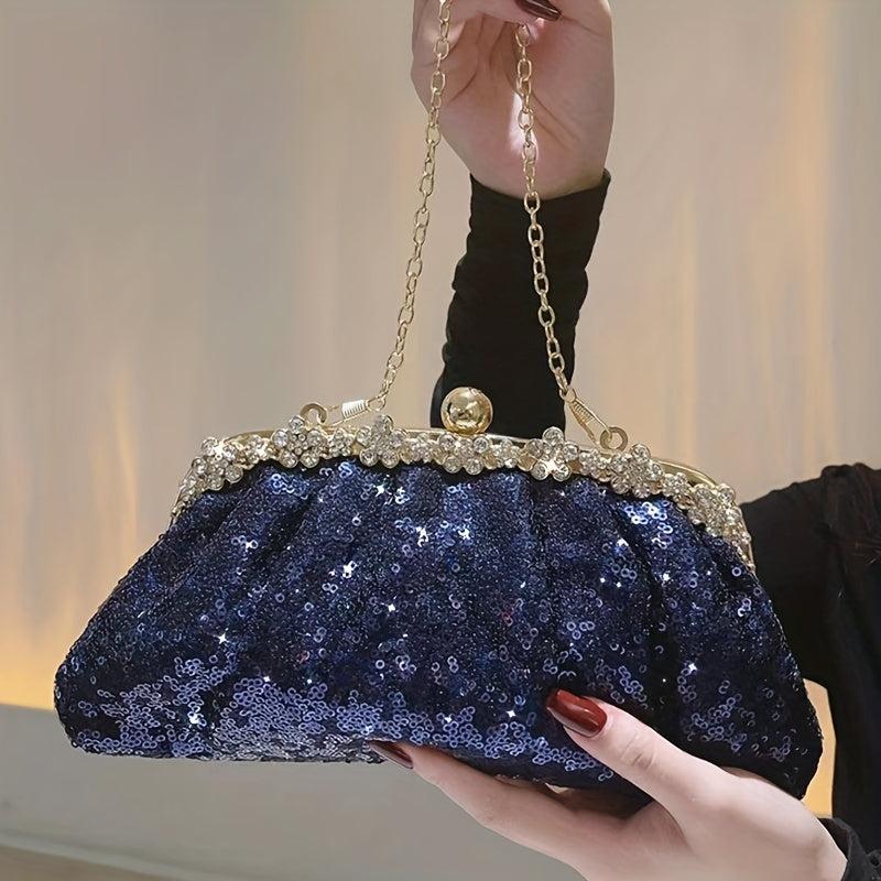 Sequins Ruched Evening Bag Rhinestone Clutch Purse Chain