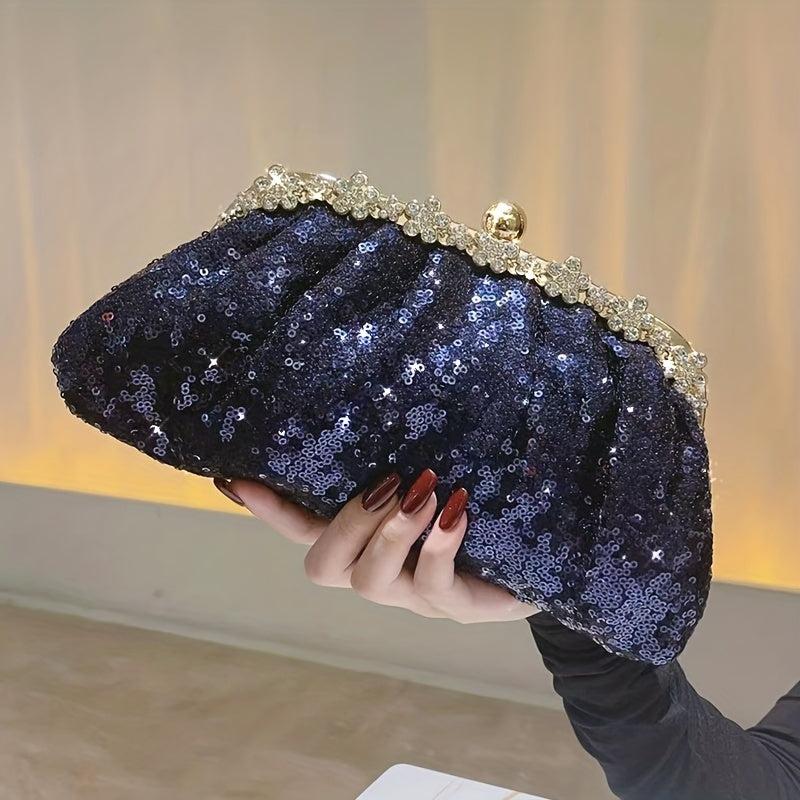 Sequins Ruched Evening Bag Rhinestone Clutch Purse Chain