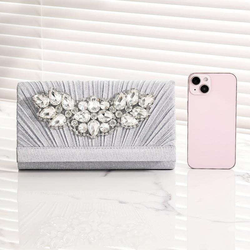 Pleated Rhinestone Glitter Metal Chain Clutch Elegant Textured Bling Purse