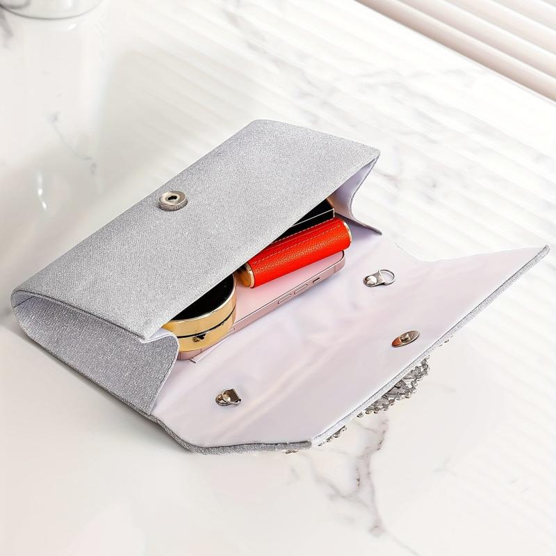 Pleated Rhinestone Glitter Metal Chain Clutch Elegant Textured Bling Purse