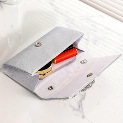 Pleated Rhinestone Glitter Metal Chain Clutch Elegant Textured Bling Purse