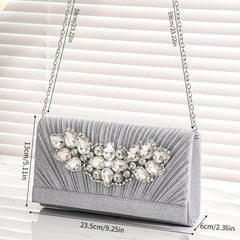 Pleated Rhinestone Glitter Metal Chain Clutch Elegant Textured Bling Purse