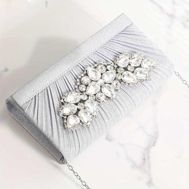 Pleated Rhinestone Glitter Metal Chain Clutch Elegant Textured Bling Purse