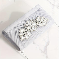 Pleated Rhinestone Glitter Metal Chain Clutch Elegant Textured Bling Purse