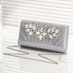 Pleated Rhinestone Glitter Metal Chain Clutch Elegant Textured Bling Purse
