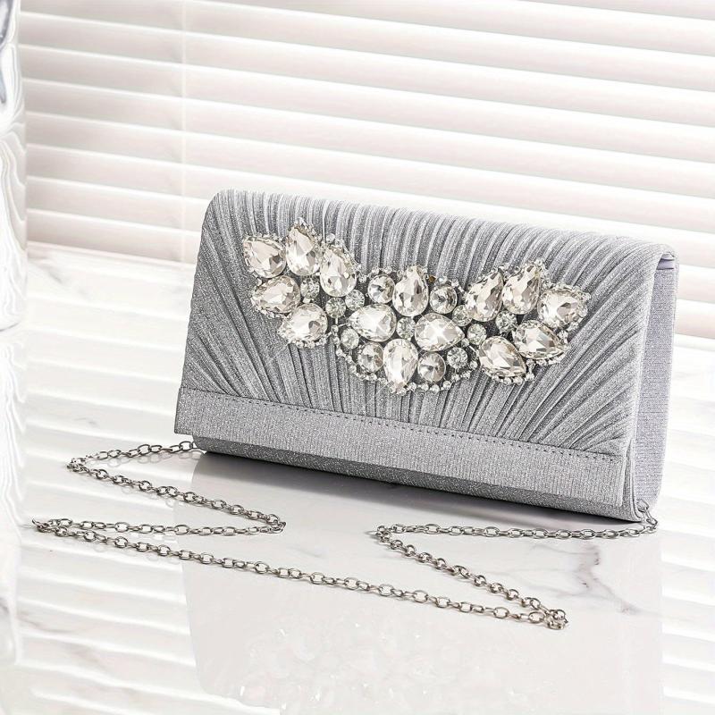 Pleated Rhinestone Glitter Metal Chain Clutch Elegant Textured Bling Purse