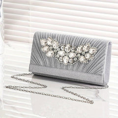 Pleated Rhinestone Glitter Metal Chain Clutch Elegant Textured Bling Purse