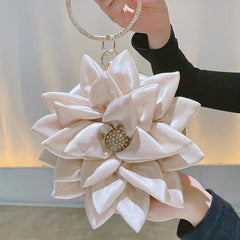 3D Flower Round Evening Bag Satin Clutch Wedding Purse Top Ring Handbag