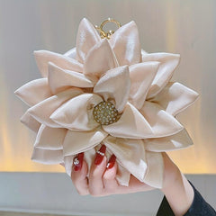 3D Flower Round Evening Bag Satin Clutch Wedding Purse Top Ring Handbag