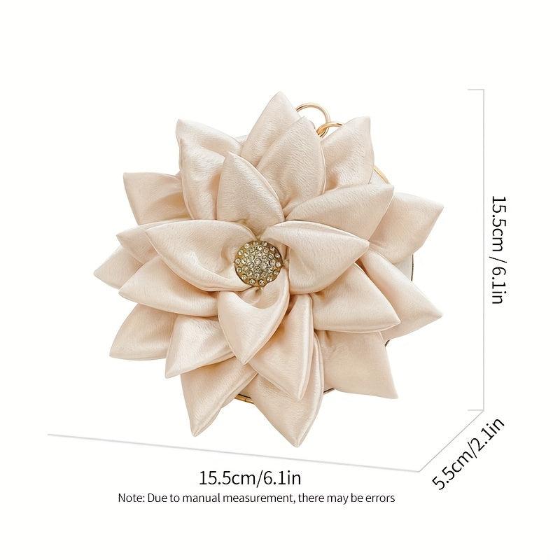 3D Flower Round Evening Bag Satin Clutch Wedding Purse Top Ring Handbag
