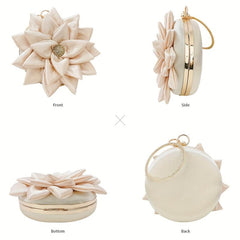 3D Flower Round Evening Bag Satin Clutch Wedding Purse Top Ring Handbag
