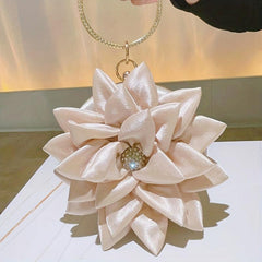 3D Flower Round Evening Bag Satin Clutch Wedding Purse Top Ring Handbag
