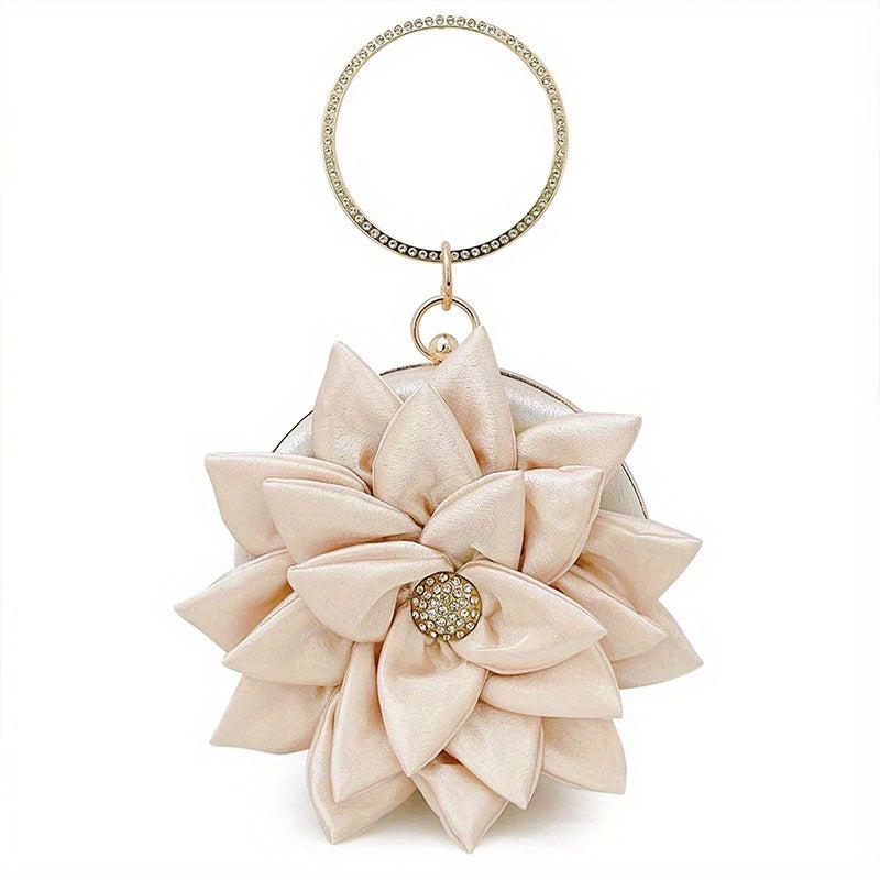 3D Flower Round Evening Bag Satin Clutch Wedding Purse Top Ring Handbag